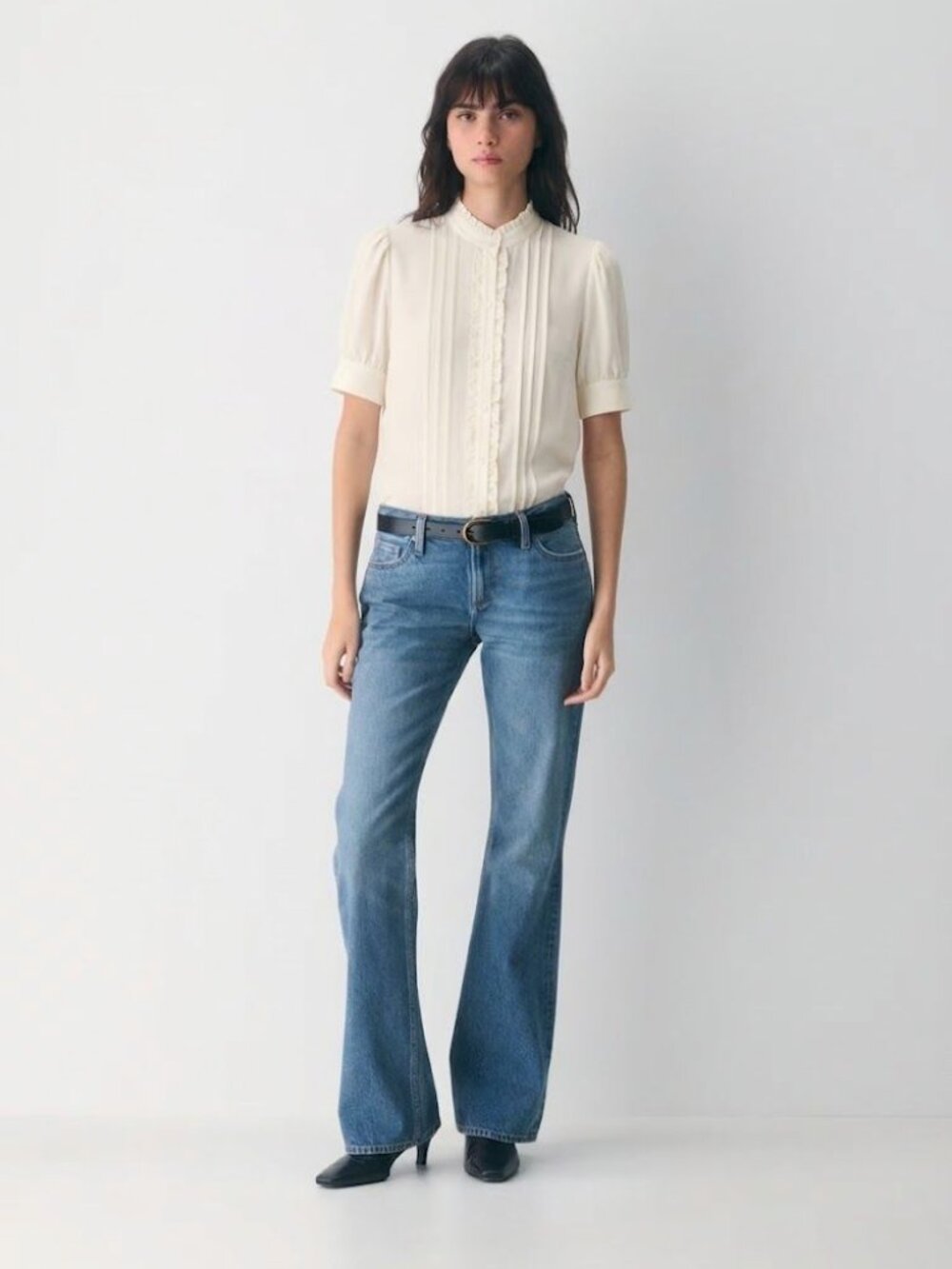 Aritzia Wilfred Caravel Blouse Chiffon Button-Up Puff Sleeve Sheer Light Birch S